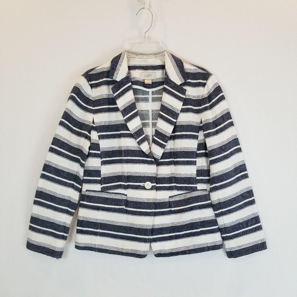 Loft Blue & Ivory Striped Linen Blend Blazer Sz 0